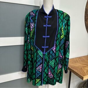 Bob Mackie Mandarin Collar Silk Top Stained Glass Print Frog Buttons SZ 1X EUC